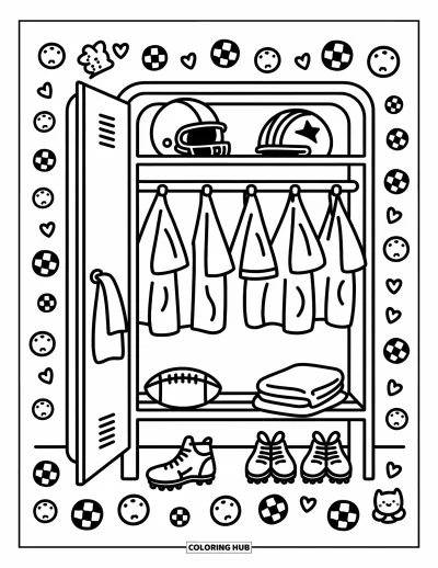 Coloriage de football américain pour adultes : Un joli vestiaire avec des maillots suspendus, de l’équipement et des gribouillis de mascotte