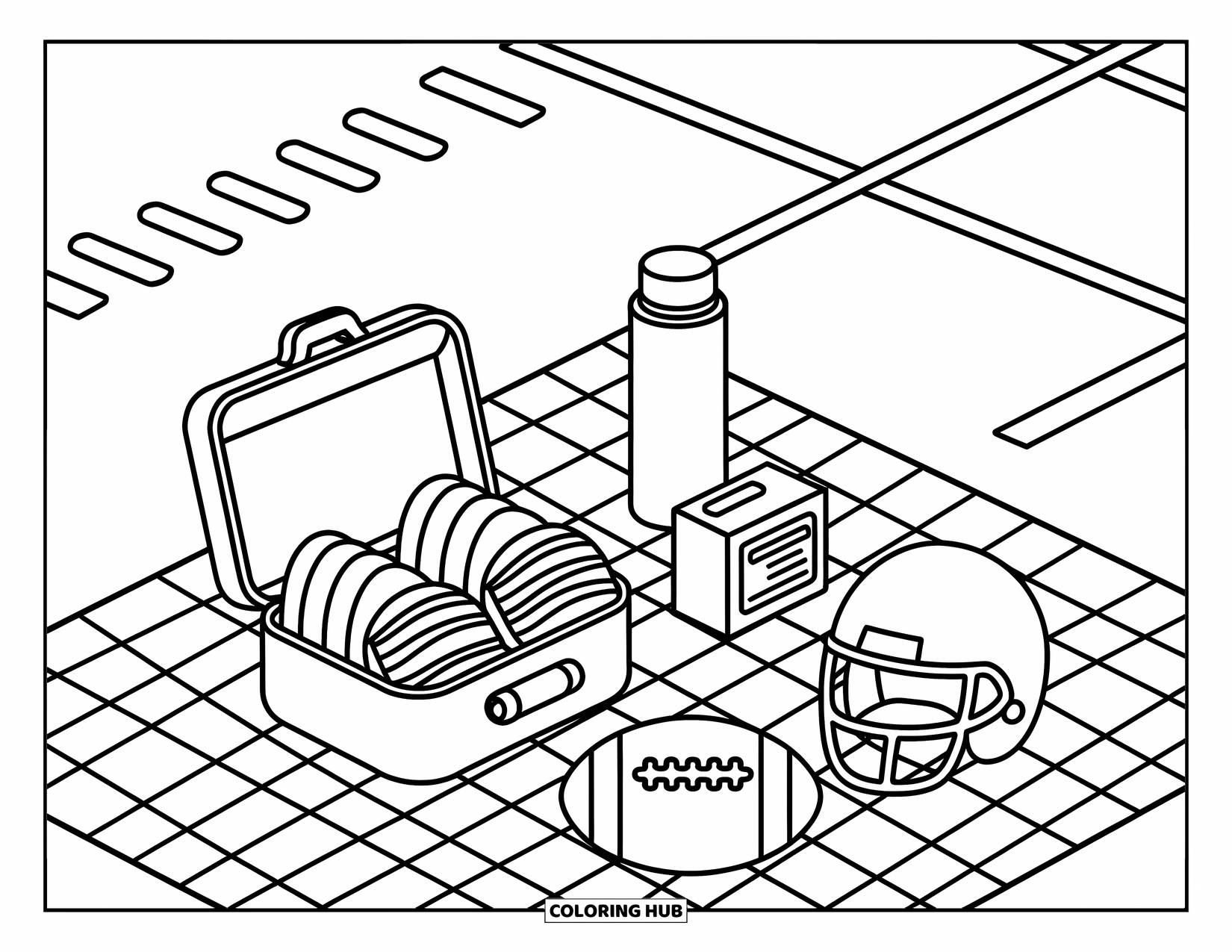 Football Coloring Page for Adults: Cute picnic setup with lunch, helmet, and football near the field