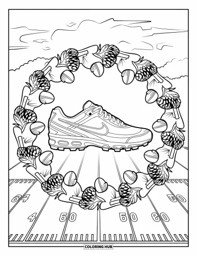 Coloriage de football américain pour adultes : Une chaussure de football américain détaillée dans un mandala feuillu sous un ciel paisible