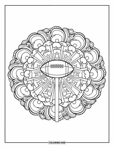Coloriage de football américain pour adultes : Des poteaux de but au milieu d’un mandala de nuages, d’étoiles et de vagues