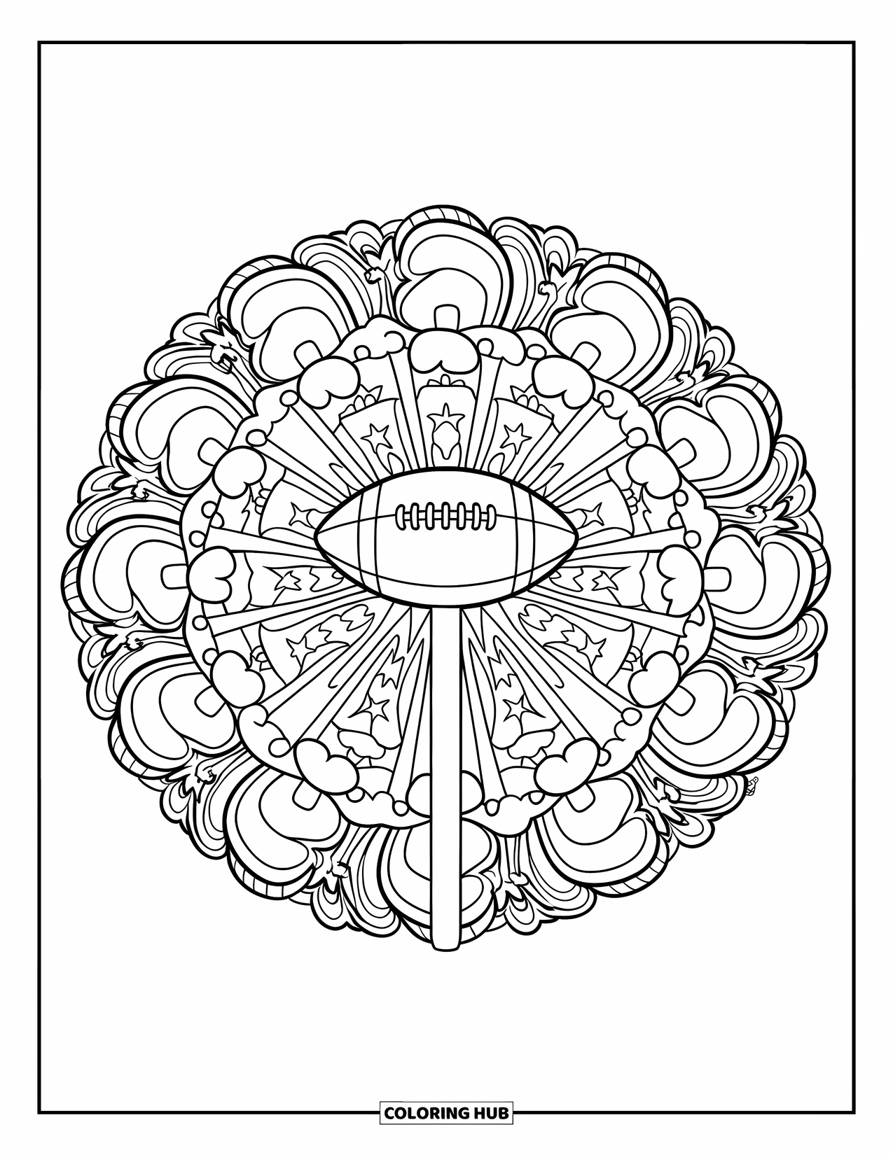 Football Coloring Page for Adults: Football goalpost in the middle of a mandala of clouds, stars, and waves