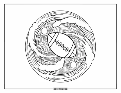 Coloriage de football américain pour adultes : Un ballon en spirale dans un motif circulaire détaillé inspiré de la météo