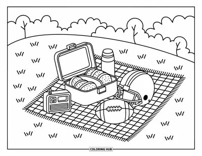 Coloriage de football américain pour adultes : Un pique-nique football américain avec des sandwichs, un thermos et une radio près d’un terrain paisible