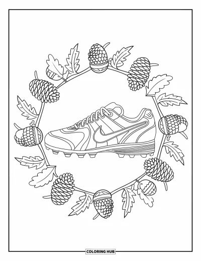 Coloriage de football américain pour adultes : Une chaussure de football américain entourée d’un mandala de pommes de pin, de glands et de feuilles