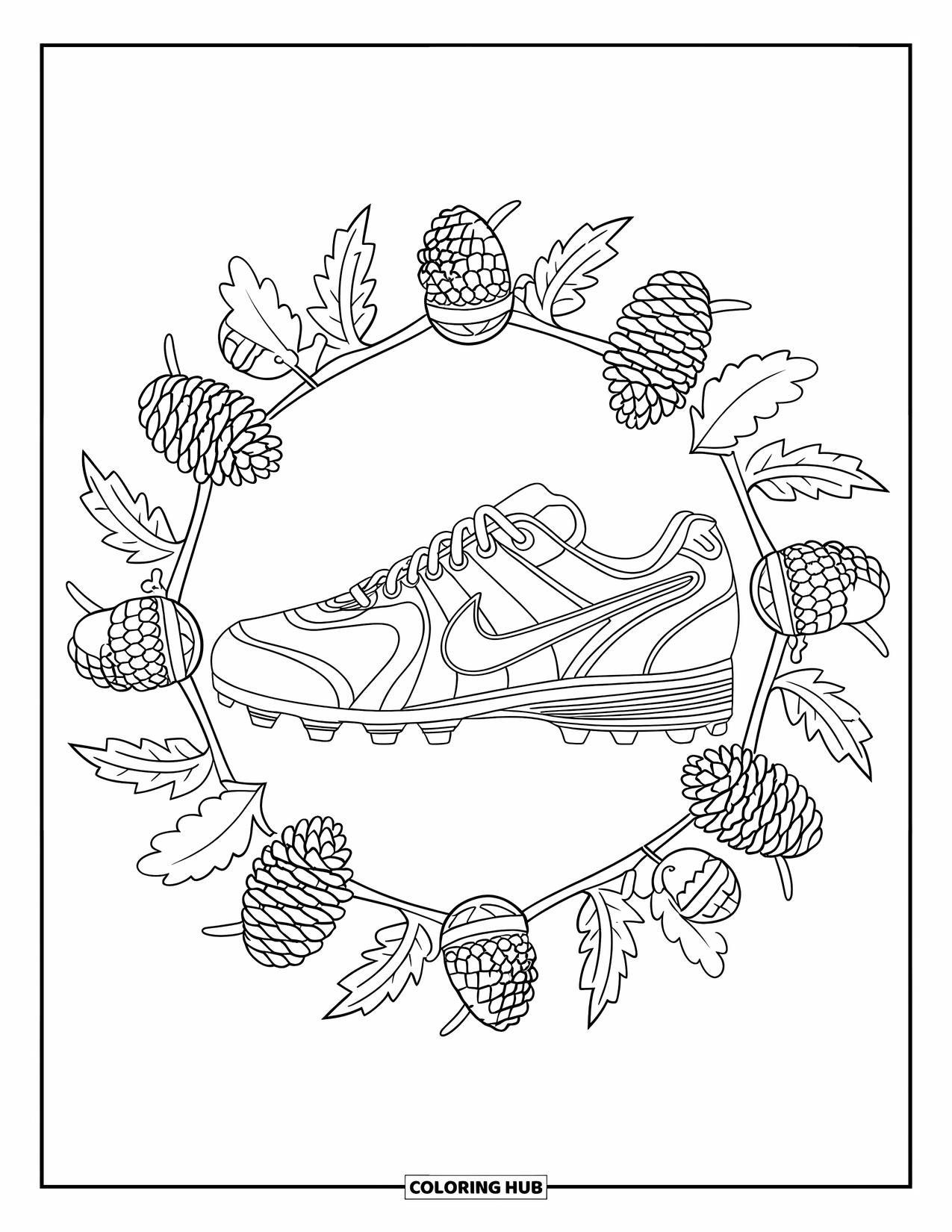 Football Coloring Page for Adults: Football shoe framed by a mandala of pinecones, acorns, and leaves