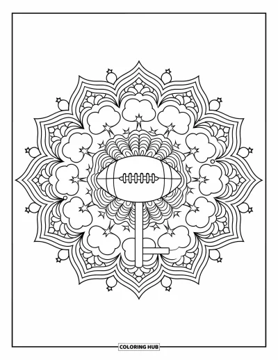 Coloriage de football américain pour adultes : Des poteaux de but entourés de nuages ondoyants, d’étoiles et de vagues dans un mandala