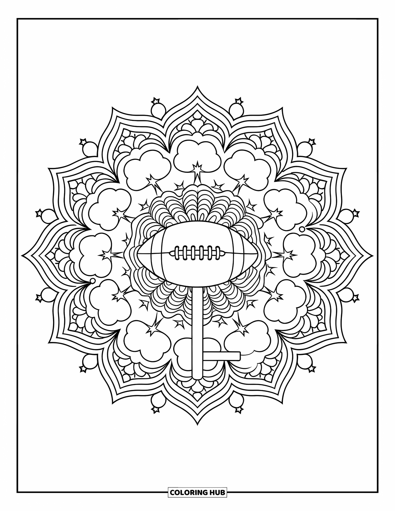 Football Coloring Page for Adults: Goalpost surrounded by swirling clouds, stars, and waves in a mandala