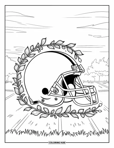 Coloriage de football américain pour adultes : Un casque sur l’herbe entouré de lianes et de fleurs détaillées