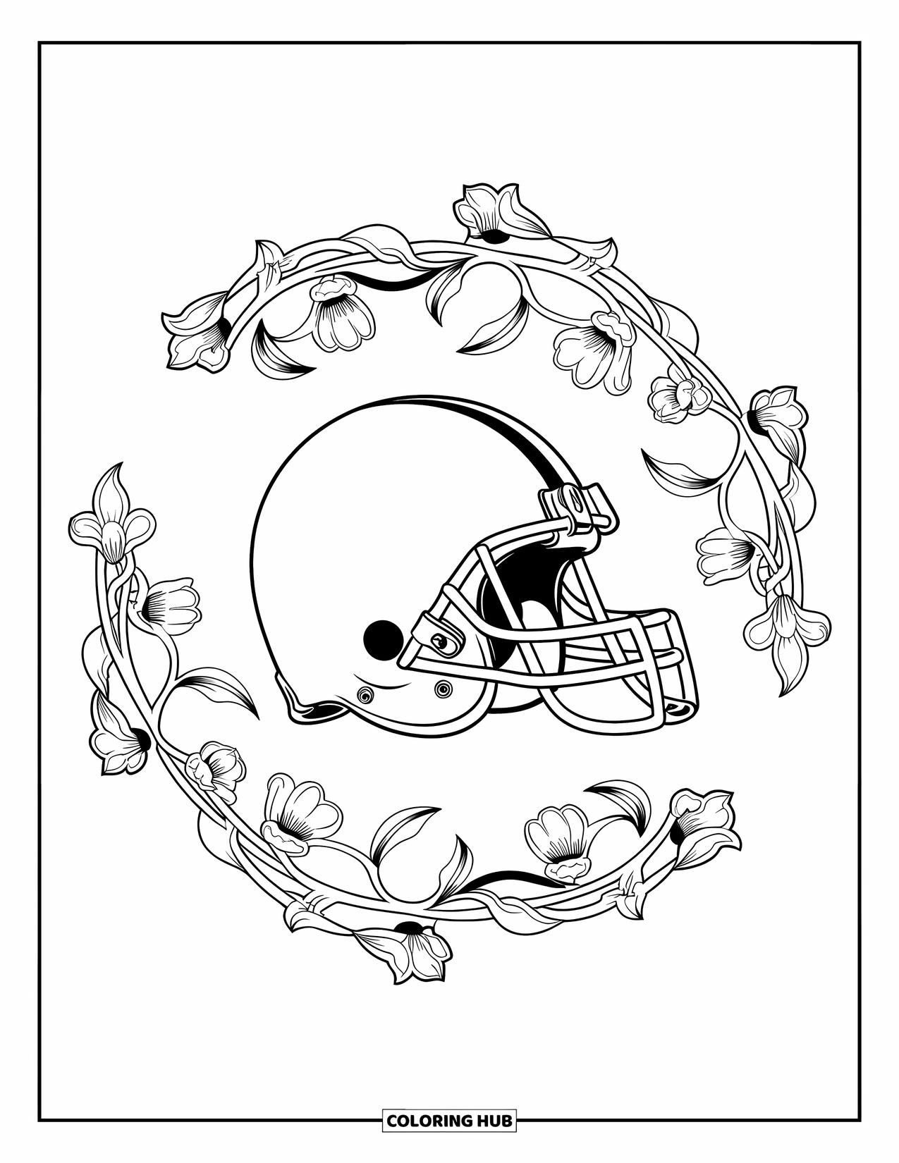 Football Coloring Page for Adults: Helmet surrounded by sharp, swirling petals and vines