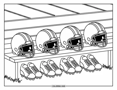 Coloriage de football américain pour adultes : Casques, maillots et crampons disposés sur un banc près d’un terrain tranquille