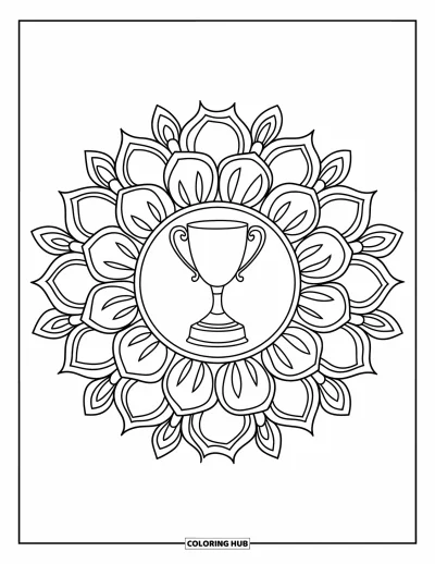 Coloriage de football américain pour adultes : Un mandala floral complexe avec une coupe trophée au centre