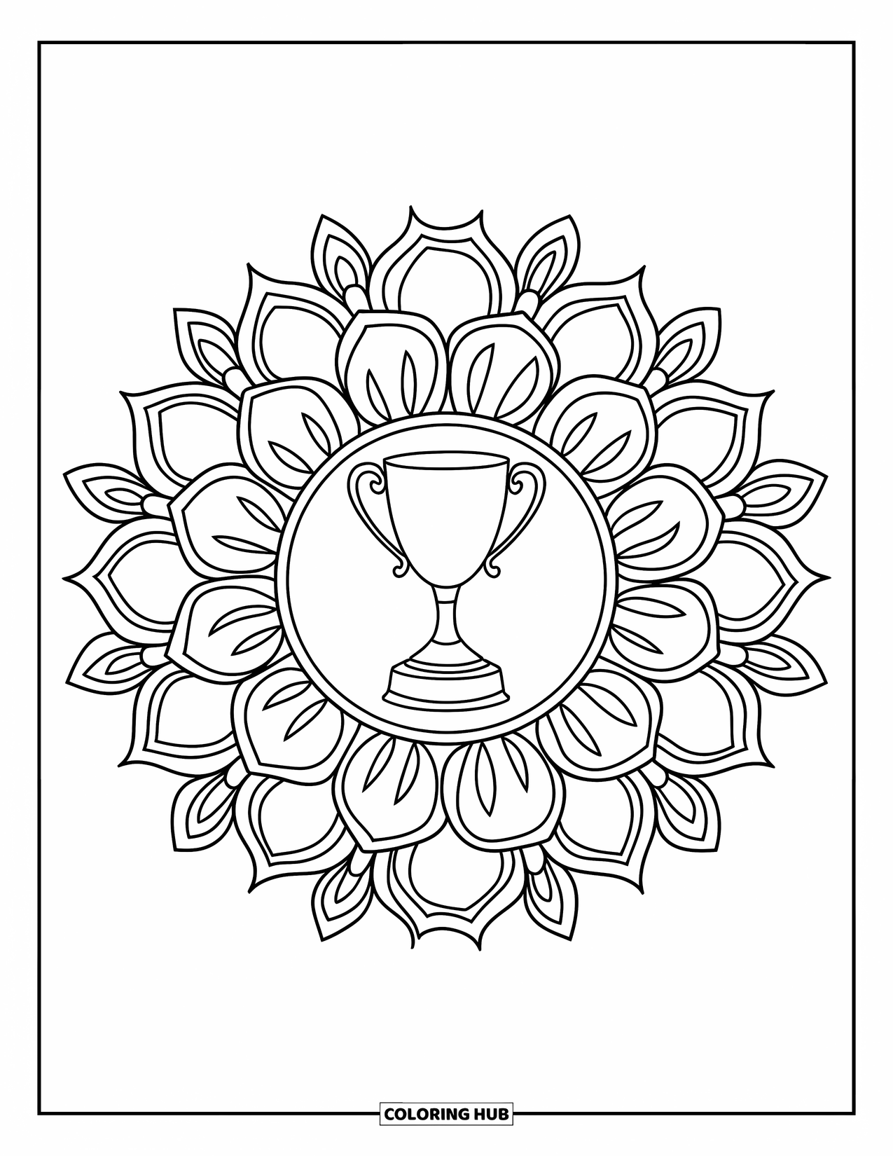 Football Coloring Page for Adults: Intricate floral mandala with a trophy cup at the center