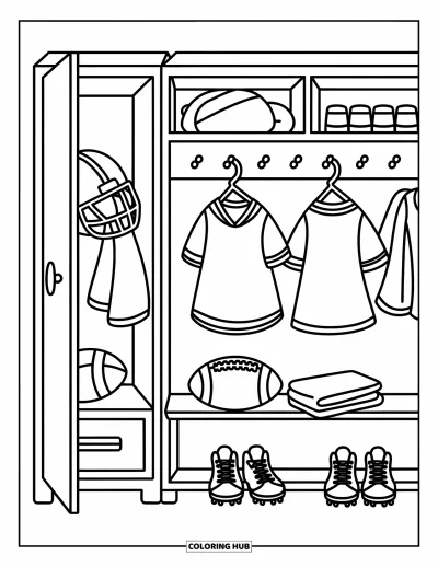 Coloriage de football américain pour adultes : Scène de vestiaire avec des maillots, un casque, des crampons et un ballon sur un banc