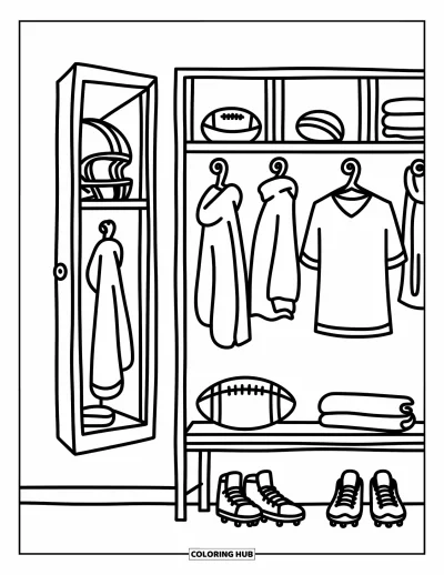 Coloriage de football américain pour adultes : Équipement soigneusement rangé dans un vestiaire chaleureux et accueillant avec des touches ludiques