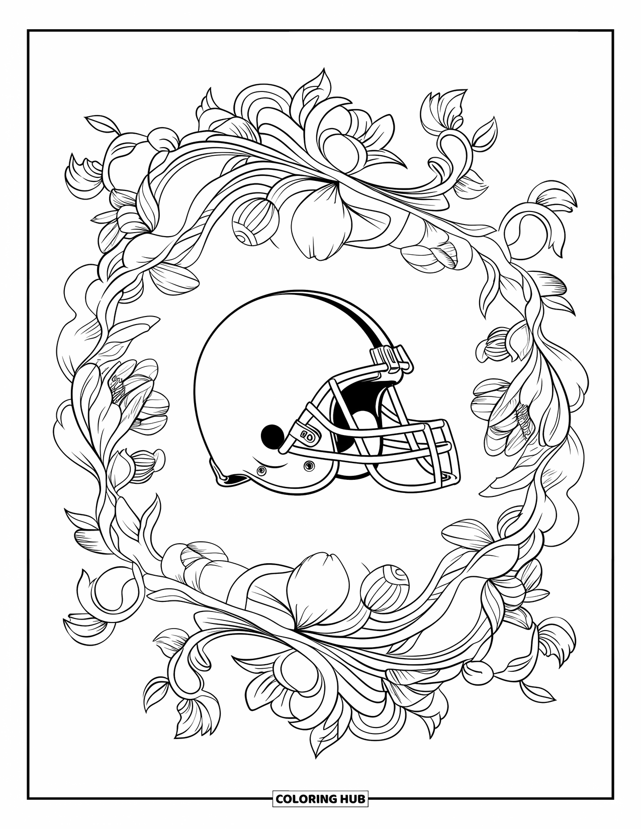 Football Coloring Page for Adults: Ornate floral mandala wrapped around a bold football helmet