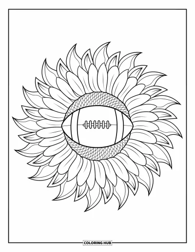 Coloriage de football américain pour adultes : Un mandala de tournesol avec un ballon de football américain en son centre