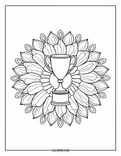 Coloriage de football américain pour adultes : Une coupe trophée au centre d’un mandala floral en pleine floraison