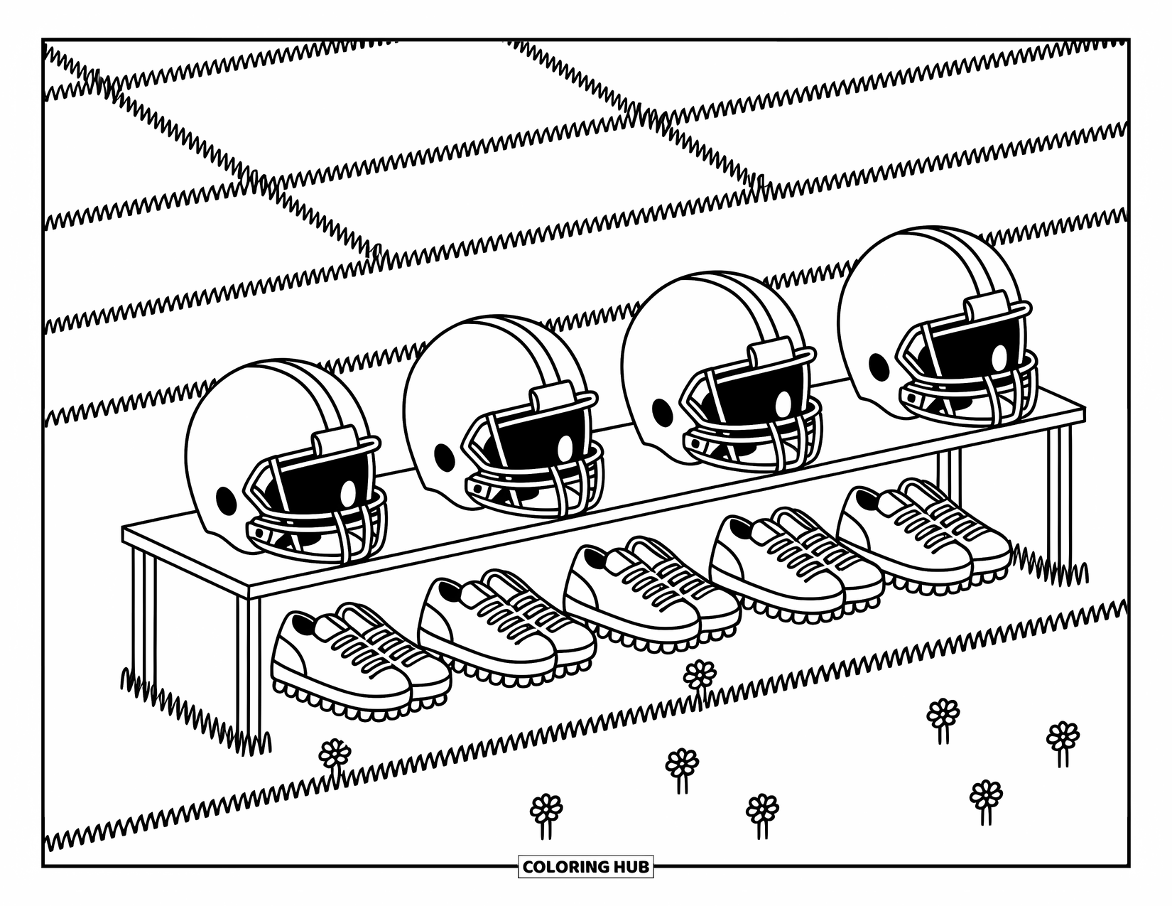 Football Coloring Page for Adults: Whimsical gear lineup with tiny flowers and distant field lines