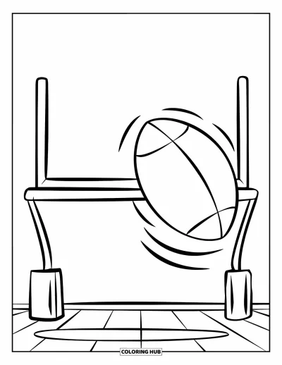 Coloriage de football américain pour enfants : Un ballon rebondit dans des poteaux de but nets sur un fond blanc