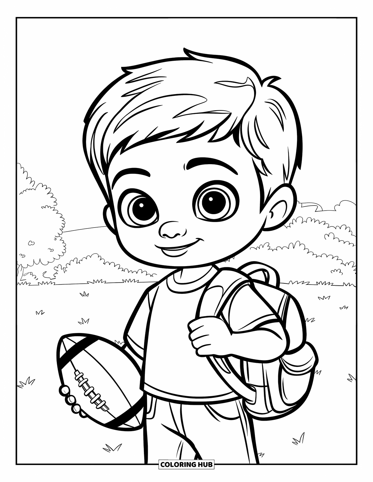 Football Coloring Page for Kids: Boy with backpack and football standing near trees on the grass