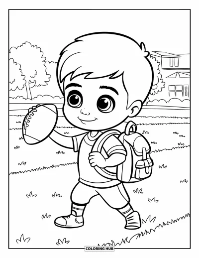 Coloriage de football américain pour enfants : Un garçon avec un ballon se tient sur une pelouse marquée près d’un bâtiment