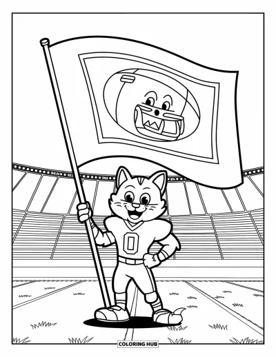 Coloriage de football américain pour enfants : Une mascotte chat tient un drapeau sur un terrain avec des poteaux de but et des tribunes