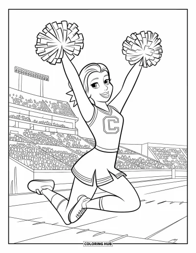 Coloriage de football américain pour enfants : Une pom-pom girl saute avec ses pompons près d’un stade bondé