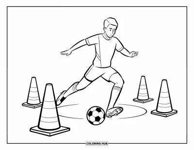 Coloriage de football américain pour enfants : Un joueur concentré fait des exercices avec des cônes sur un terrain ouvert et net