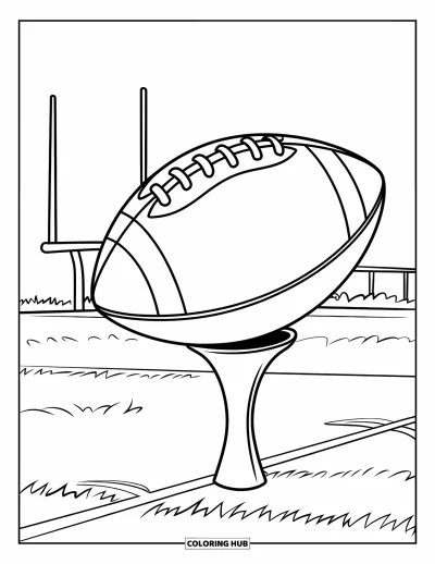 Coloriage de football américain pour enfants : Un ballon sur un tee près des poteaux de but sur une pelouse