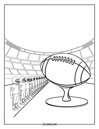 Coloriage de football américain pour enfants : Un ballon sur un tee prêt pour l’engagement avec des joueurs en arrière-plan