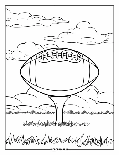 Coloriage de football américain pour enfants : Un ballon posé sur un tee sous des nuages duveteux
