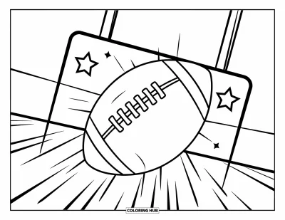 Coloriage de football américain pour enfants : Un ballon avec des étoiles au-dessus file vers les poteaux de but sous un ciel clair
