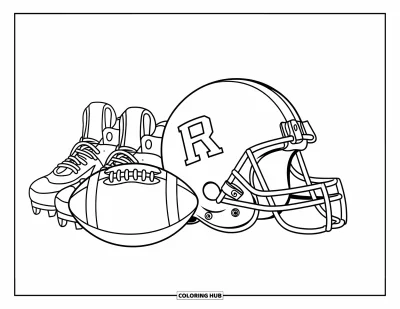 Coloriage de football américain pour enfants : Un ensemble d’équipement avec casque, ballon, crampons et gants sur un fond épuré