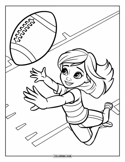 Coloriage de football américain pour enfants : Une fille plonge en plein saut pour attraper un ballon sur un terrain marqué
