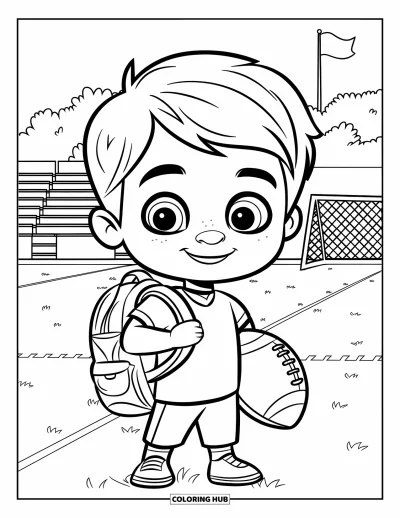 Coloriage de football américain pour enfants : Un garçon heureux en maillot tient un ballon sur le terrain