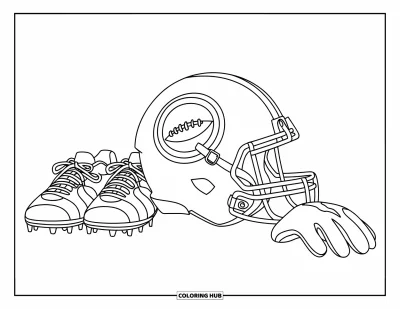 Coloriage de football américain pour enfants : Un casque et un ballon posés entre des crampons et des gants au sol