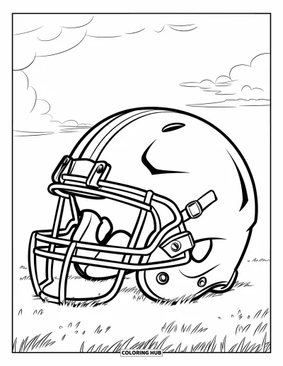 Coloriage de football américain pour enfants : Un casque avec une grille profilée posé sur l’herbe