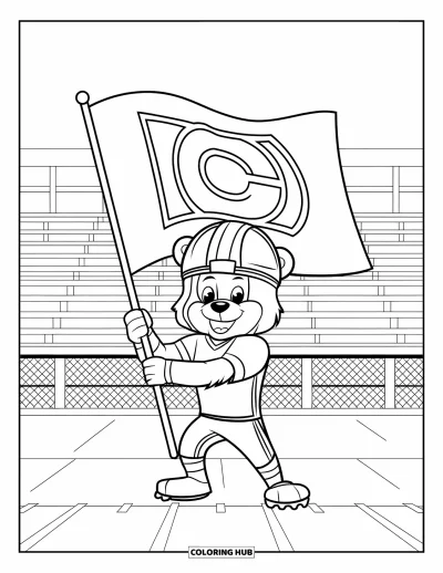 Coloriage de football américain pour enfants : Un ours mascotte tient un drapeau d’équipe près des gradins du stade