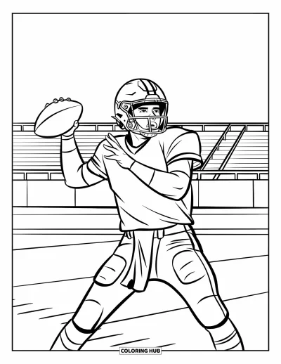 Coloriage de football américain pour enfants : Un quarterback arme son lancer avec le stade en arrière-plan
