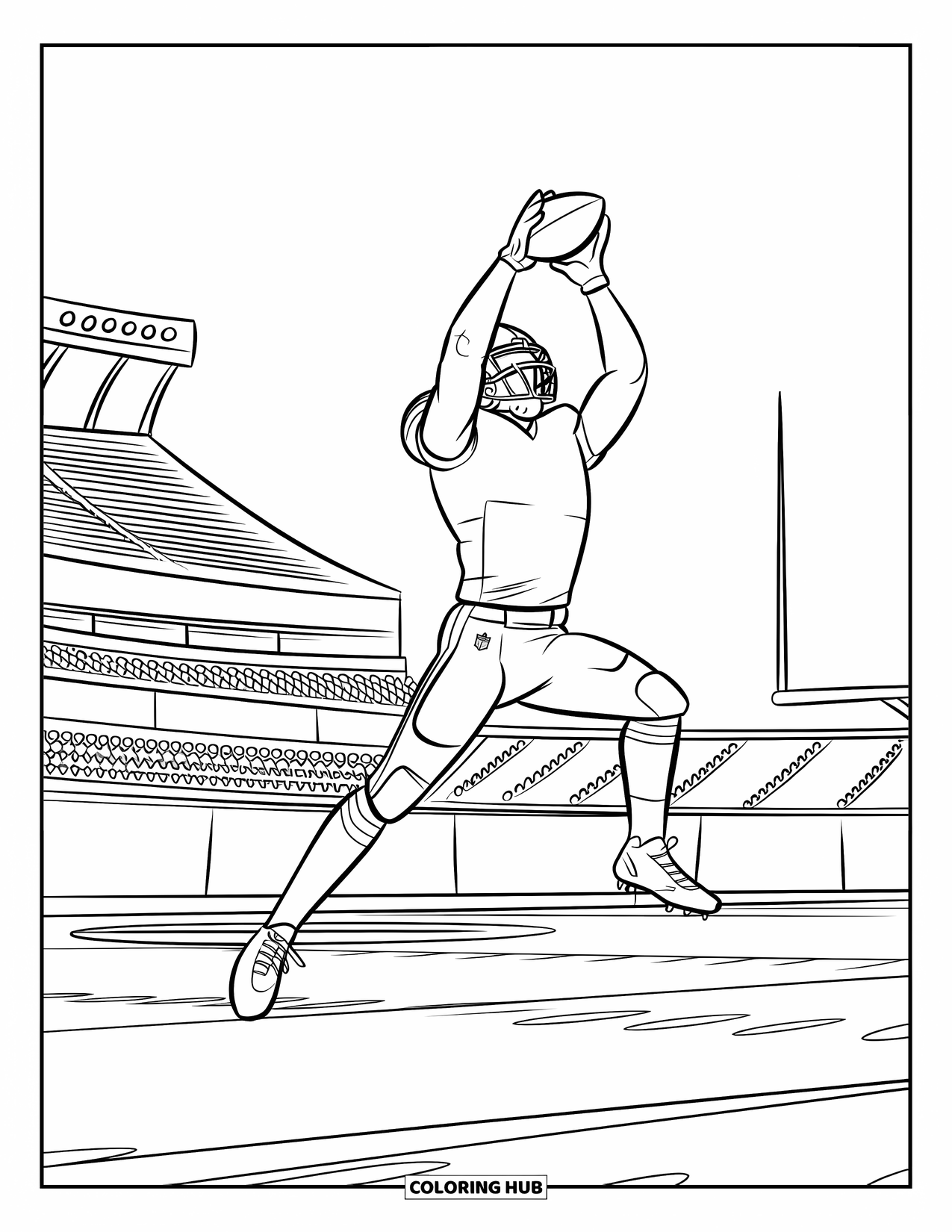 Football Coloring Page for Kids: Receiver leaping for a catch with a stadium and goalpost behind