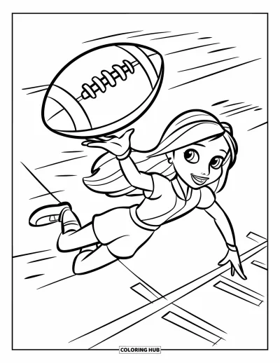 Coloriage de football américain pour enfants : Une fille rousse plonge pour un ballon sur un terrain de jeu marqué