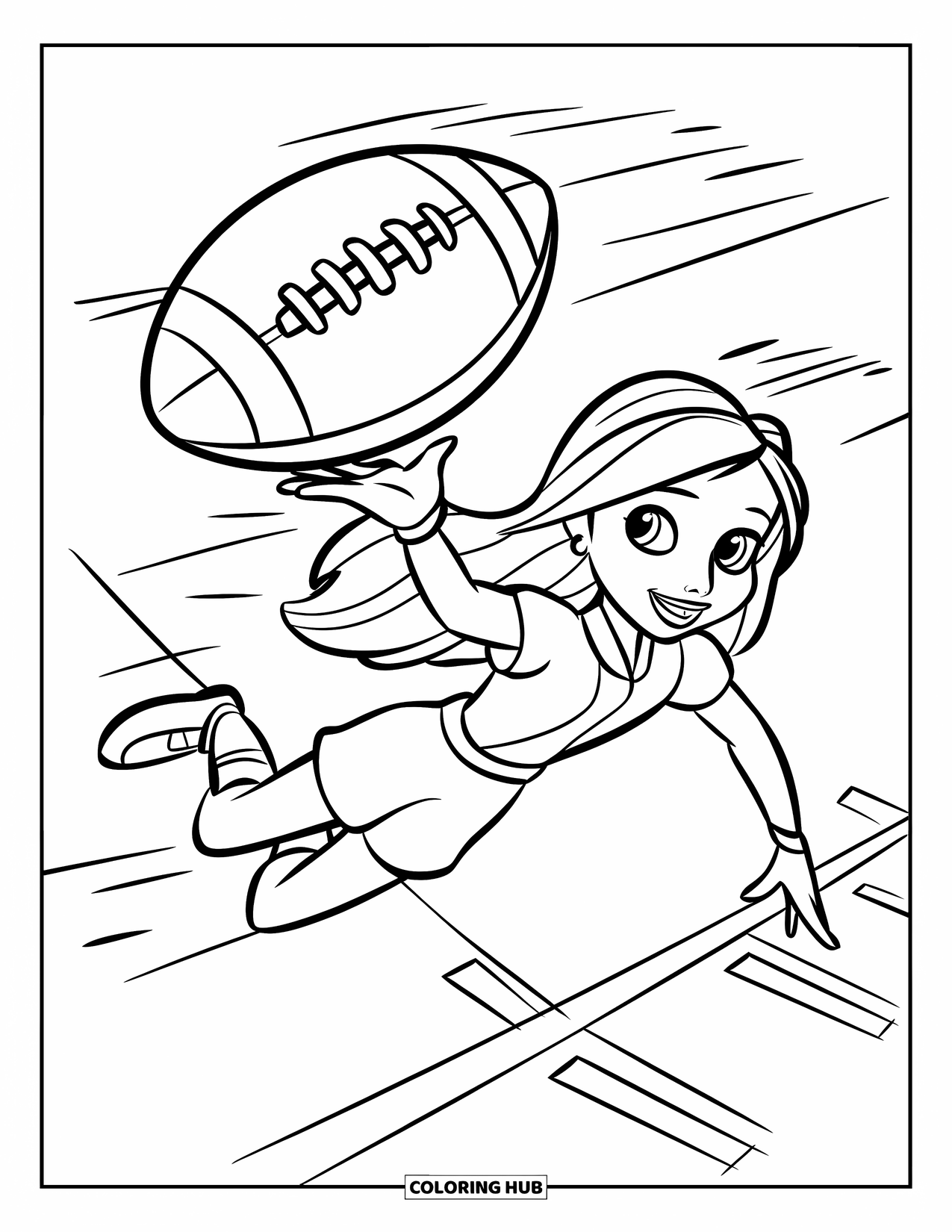 Football Coloring Page for Kids: Red-haired girl diving for a football on a marked playing field
