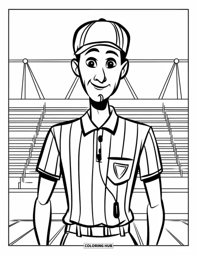Coloriage de football américain pour enfants : Un arbitre avec un sifflet se tient avec assurance dans un stade plein