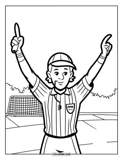 Coloriage de football américain pour enfants : Un arbitre aux bras levés sur un terrain avec des poteaux de but