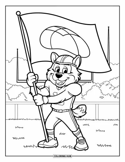 Coloriage de football américain pour enfants : Une mascotte animale souriante en casque tient un drapeau près des poteaux de but