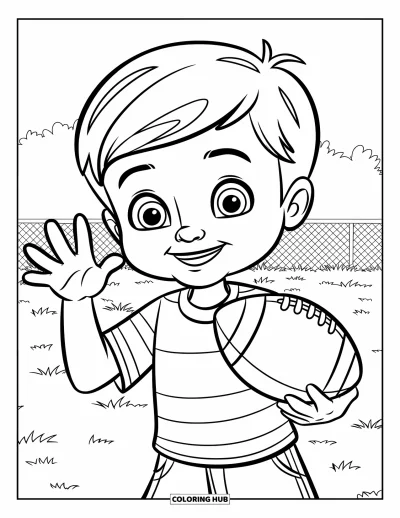 Coloriage de football américain pour enfants : Un garçon souriant tient un ballon et fait signe de la main sur un terrain herbeux