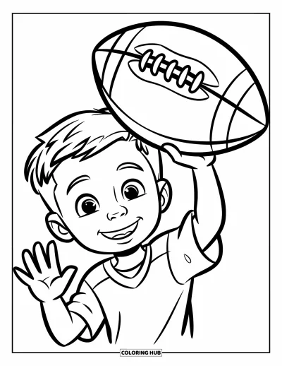 Coloriage de football américain pour enfants : Un garçon souriant en maillot fait signe avec un grand ballon en main