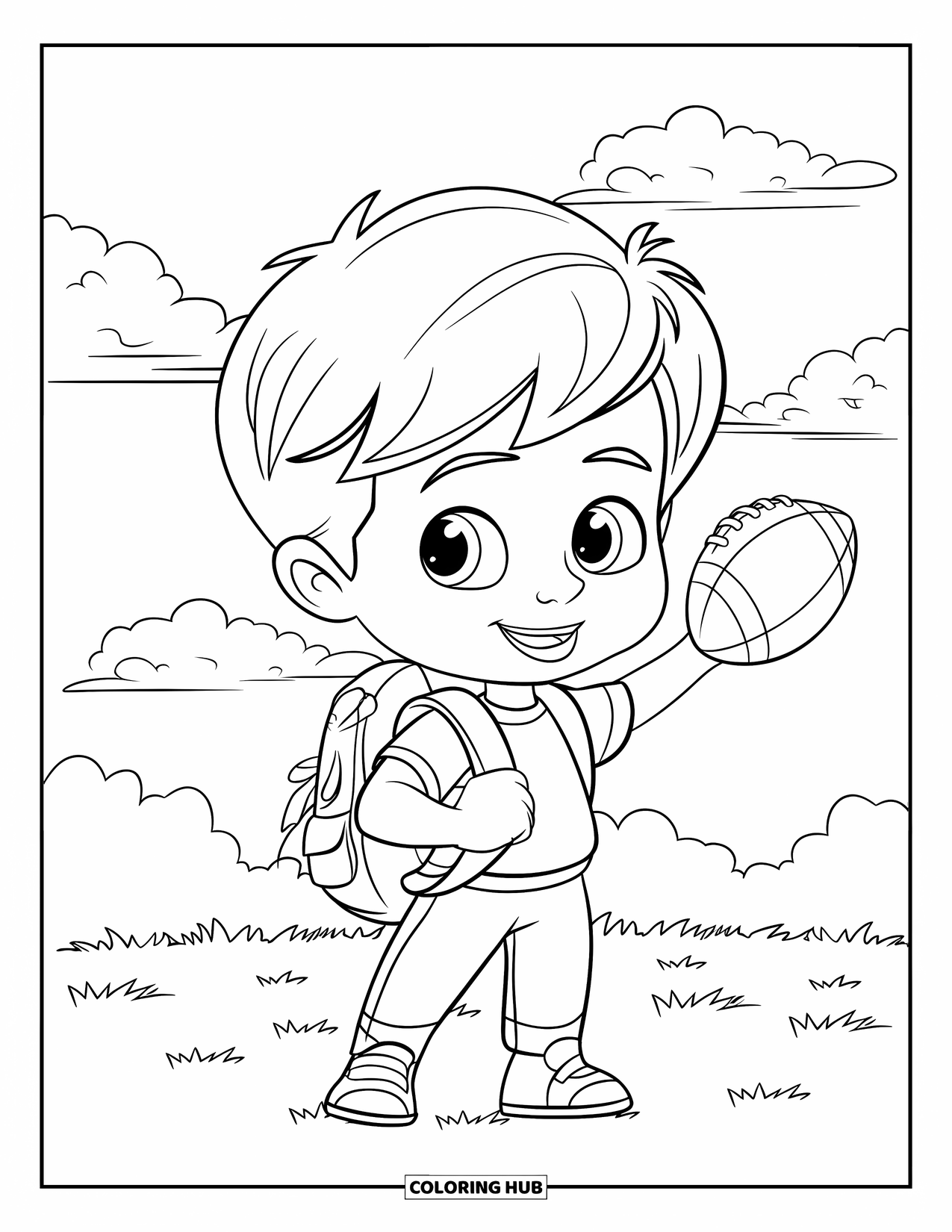 Football Coloring Page for Kids: Smiling boy with backpack and football standing on a field