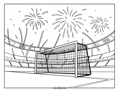 Coloriage de football américain pour enfants : Des poteaux de but avec des feux d’artifice et des serpentins pour célébrer un but