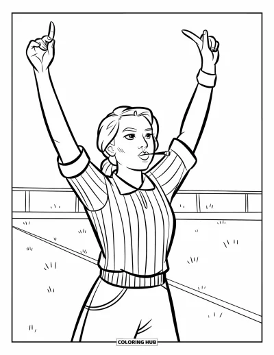 Coloriage de football américain pour enfants : Un arbitre en tenue rayée souffle dans son sifflet sur un terrain avec une ligne blanche